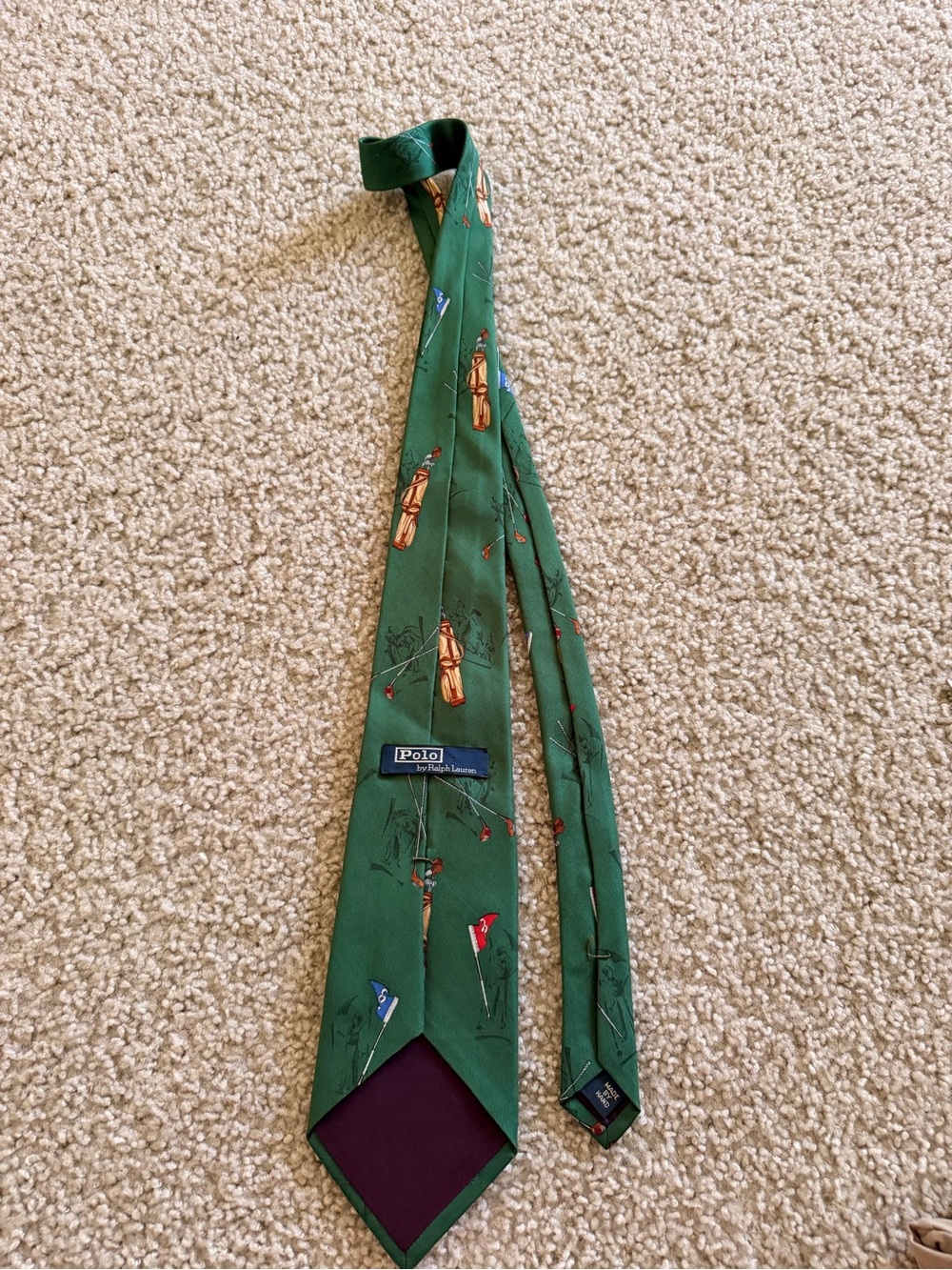 Polo by Ralph Lauren Green Silk Golf & Flag Pattern Tie